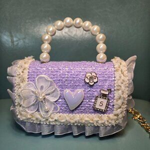 Girls Lavender Tweed Handbag with Pearl Handle, Embellished with Blooms & Gems